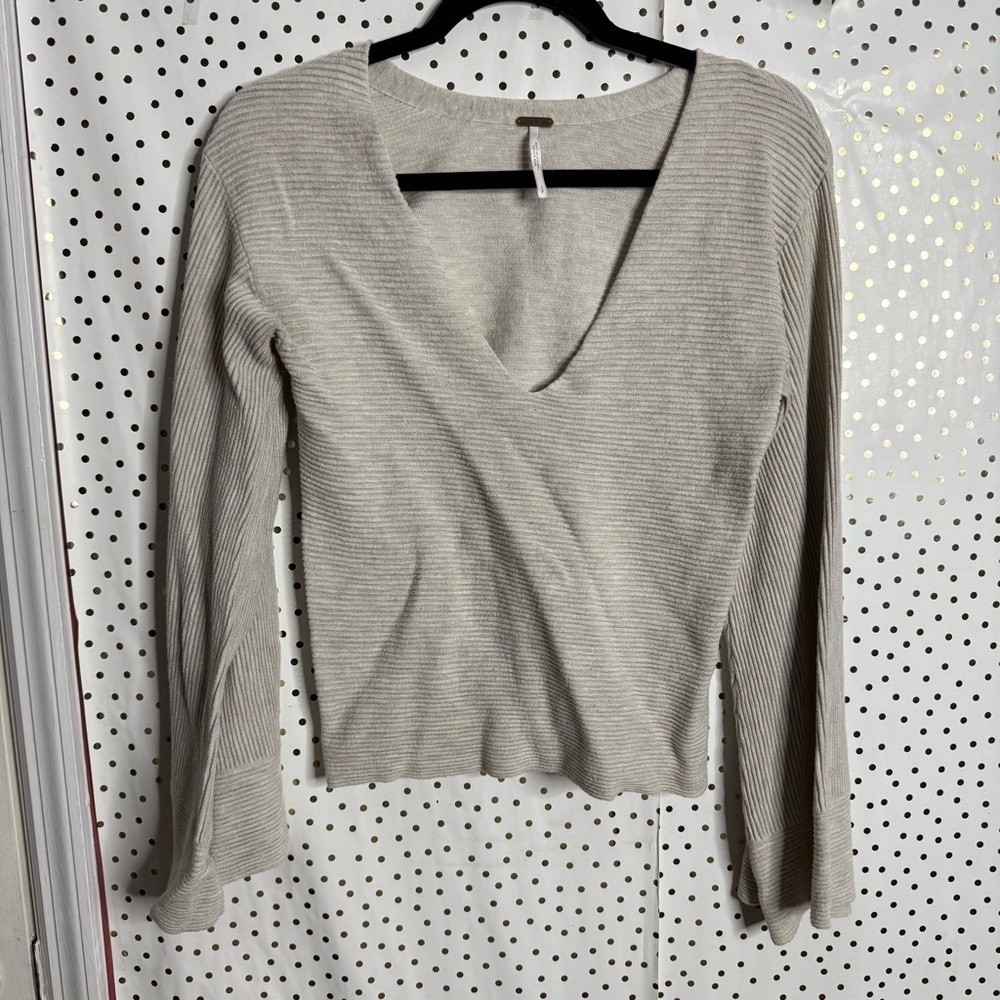 Free People Cream Ribbed V-Neck Top - Picture 2 of 6